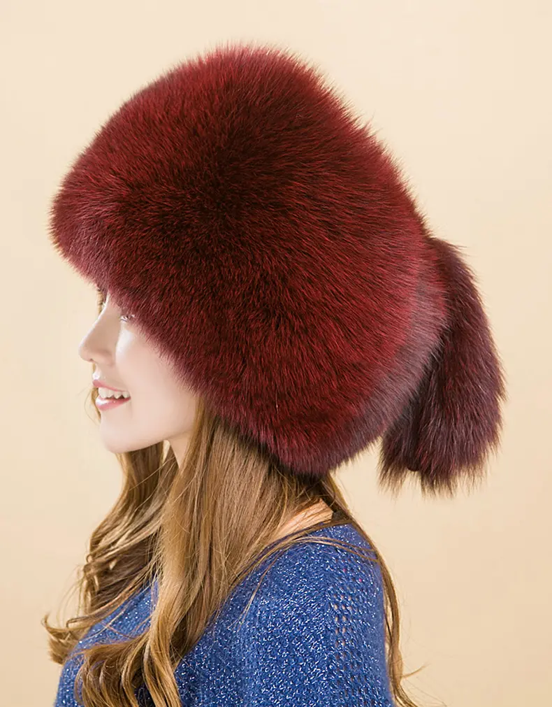 Burgundy full fox fur hat
