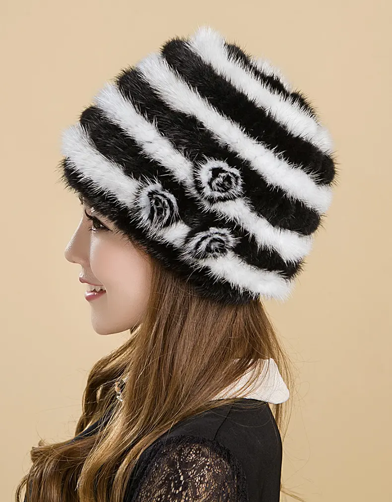 Black & White Mink Fur Knit Beanie with 3D Rose Accents Luxury Winter Hat for Women