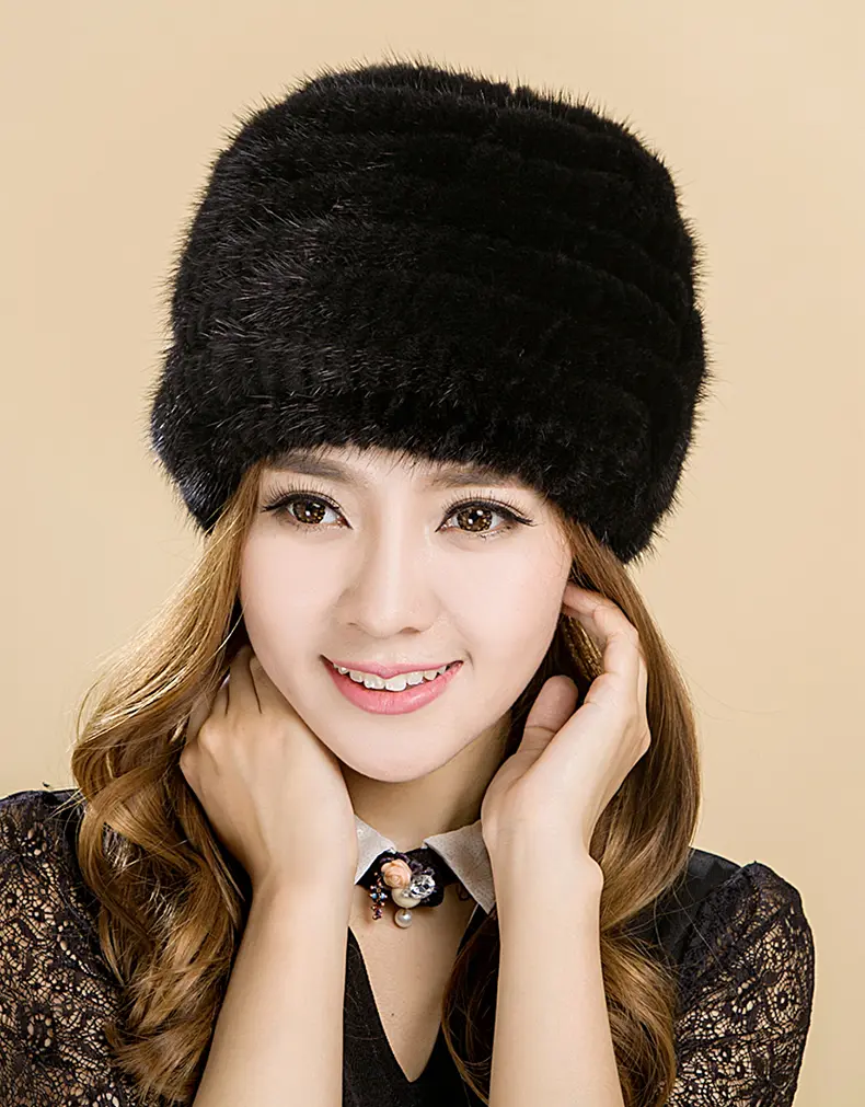 Women's 100% Real Mink Fur Knitted Beanie Hat with 3D Rose Accent Luxury Warm Winter Hat