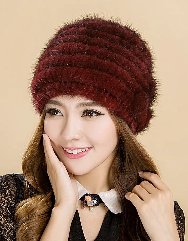 Women's 100% Real Mink Fur Knitted Beanie Hat Burgundy Rose Accent Luxury Winter Hat