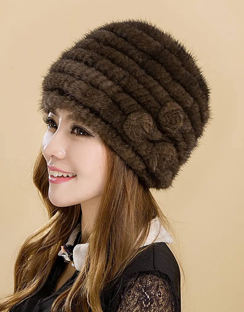 Winter Mink Fur Rose Knit Hat Thickened Ear Protection Fur Beanie