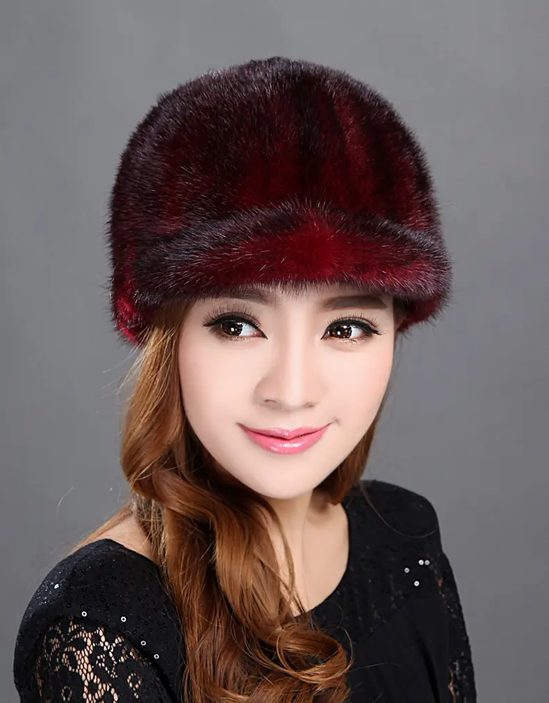 Wine Red Mink Fur Peaked Cap Winter Warmth Real Fur Hat for Women, Elegant Fur Felt Hat