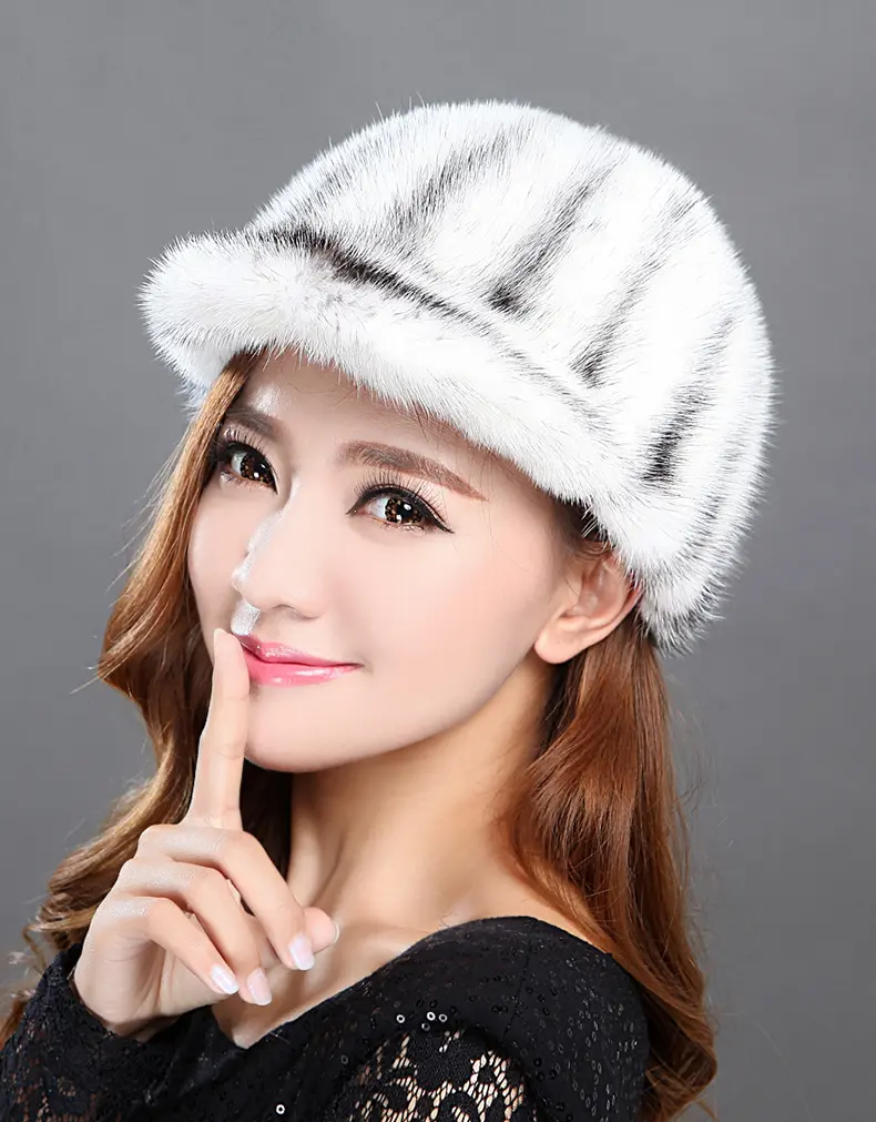 Cross Mink Fur Peaked Cap - Winter Warm Real Fur Hat for Women, Luxury Fur Felt Hat
