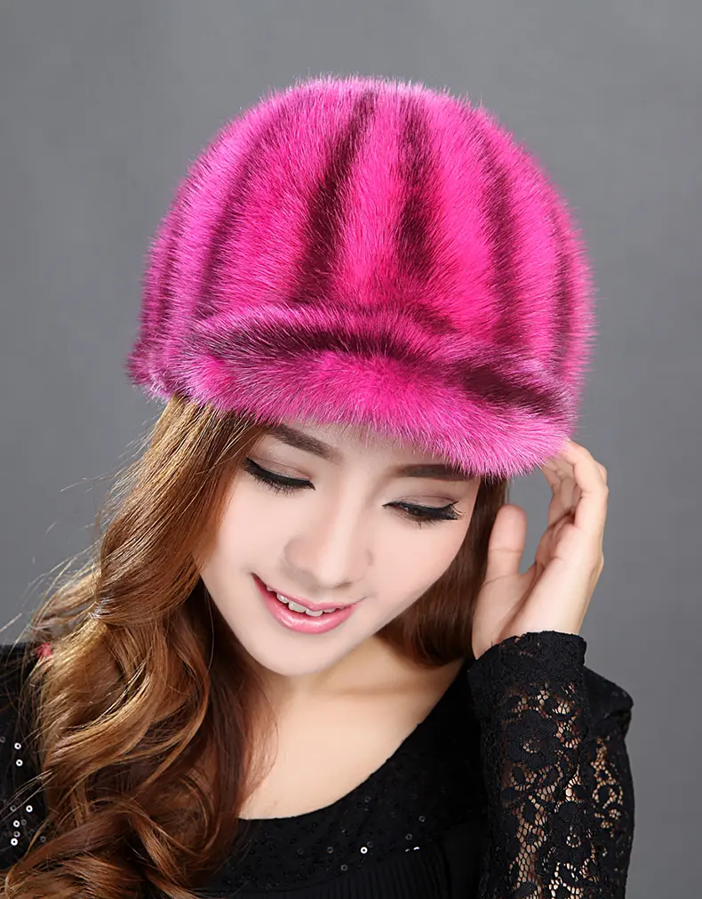 Hot Pink Mink Fur Peaked Cap Winter Warm Real Fur Hat for Women, Vibrant Fur Felt Hat