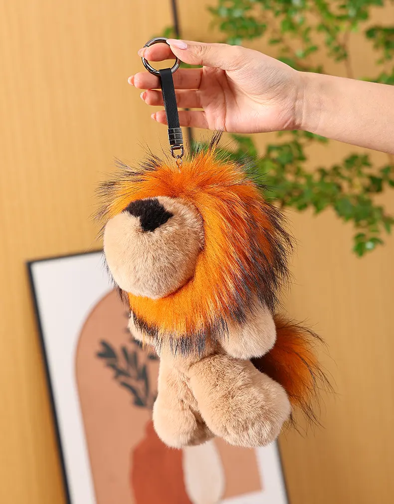 Medium Lion Keychain Pendant, Real Rex Rabbit Fur Body with Raccoon Dog Fur Mane