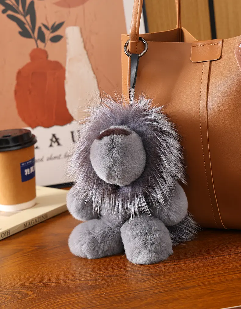 Medium Real Rex Rabbit Fur Lion Keychain, Raccoon Dog Fluffy Mane Lion Bag Charm, Luxury Plush Fur Car Pendant Accessory