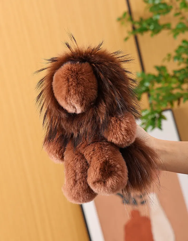 Vintage Brown Fluffy Lion Bag Charm, Rex Rabbit Fur Lion Doll Key Pendant, Minimalist Luxury Accessory