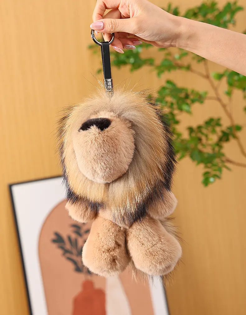 Soft Khaki Real Fur Lion Bag Charm, Rex Rabbit Fur Doll Key Pendant, Minimalist Premium Accessory