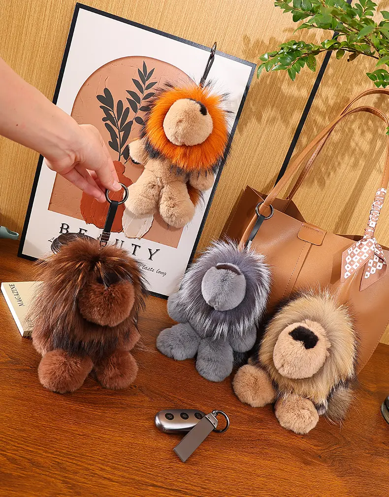 4 Colors Medium Natural Rex Rabbit Fur Lion Keychain, Fluffy Raccoon Dog Fur Mane Plush Lion Bag Charm, Multi-Color Luxu
