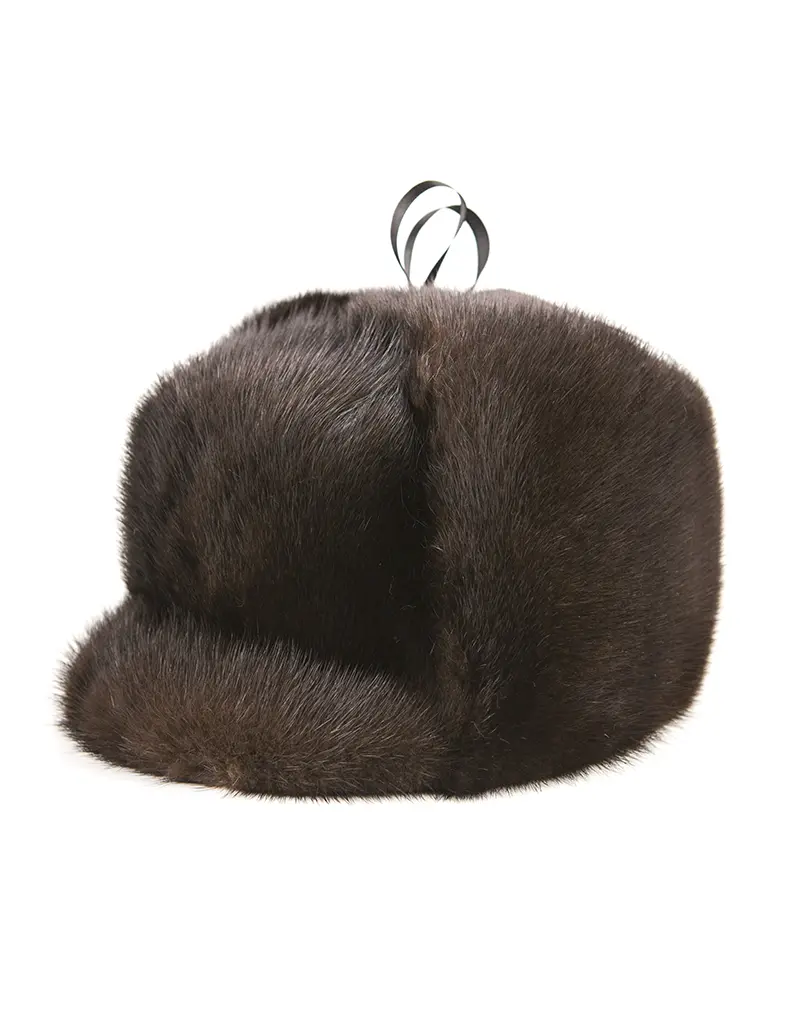 Genuine Whole Mink Fur Trapper Hat Dark Brown Warm Winter Peaked Cap for Men