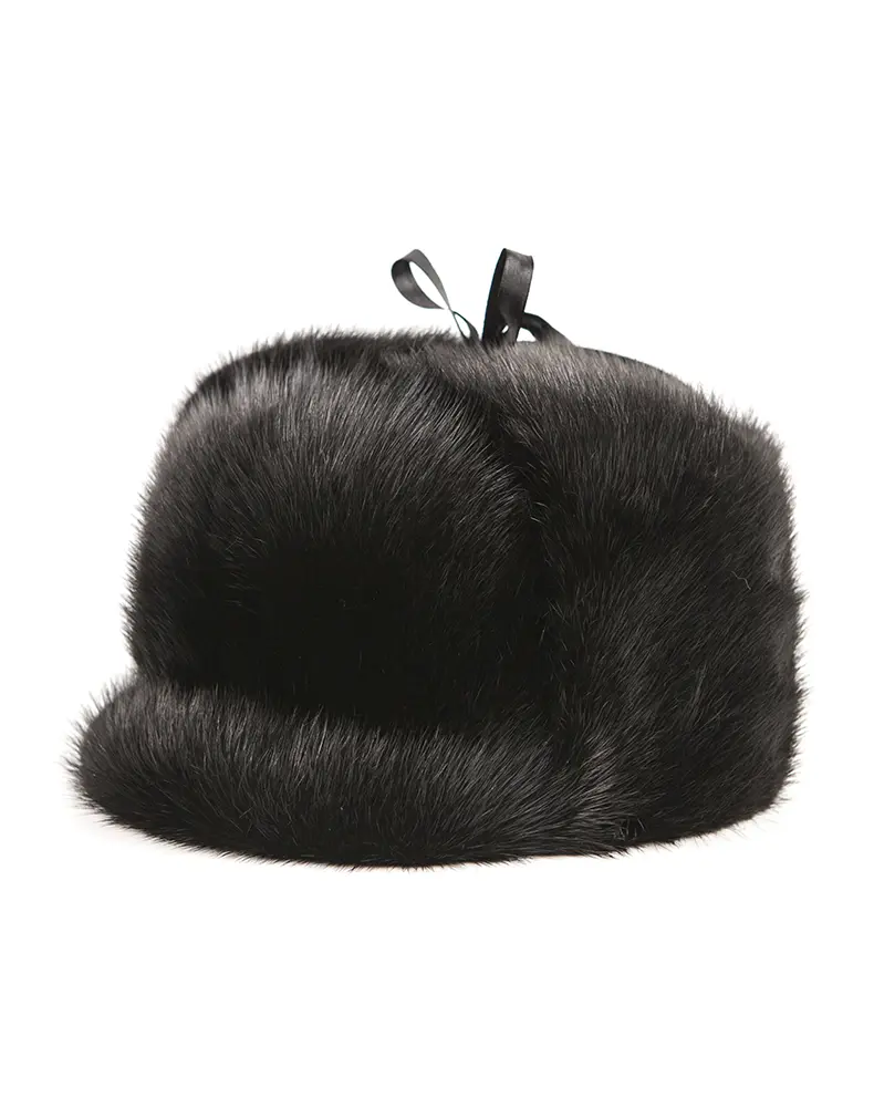 Genuine Whole Mink Fur Trapper Hat Solid Black Warm Winter Peaked Cap for Men