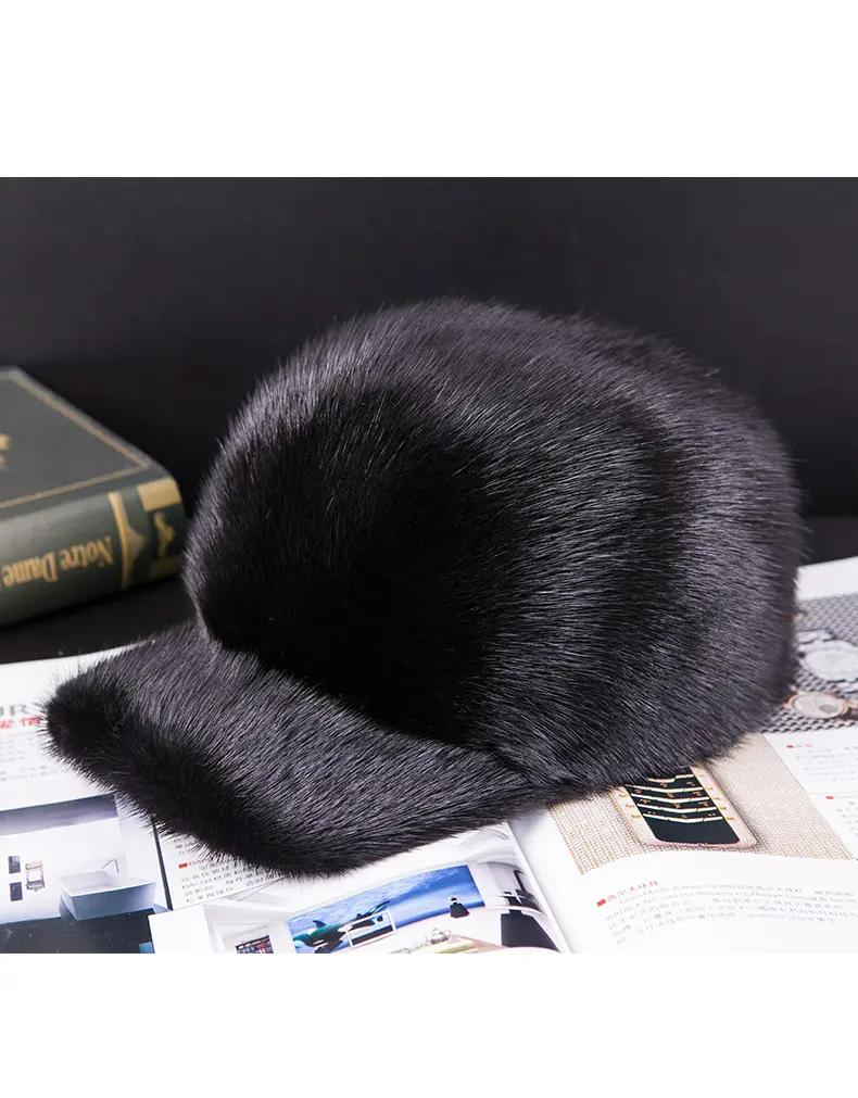 Genuine Whole Mink Fur Baseball Cap Solid Black Luxury Winter Peaked Hat for Men