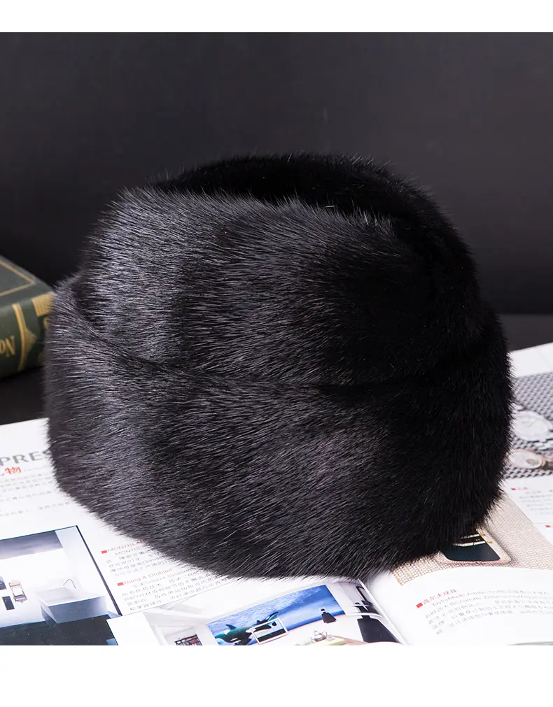 Genuine Whole Mink Fur French Round Hat Solid Black Luxury Winter Beanie Cap for Men