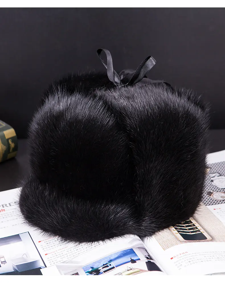 Genuine Whole Mink Fur Ushanka Trapper Hat Winter Ear Flap Cap for Men