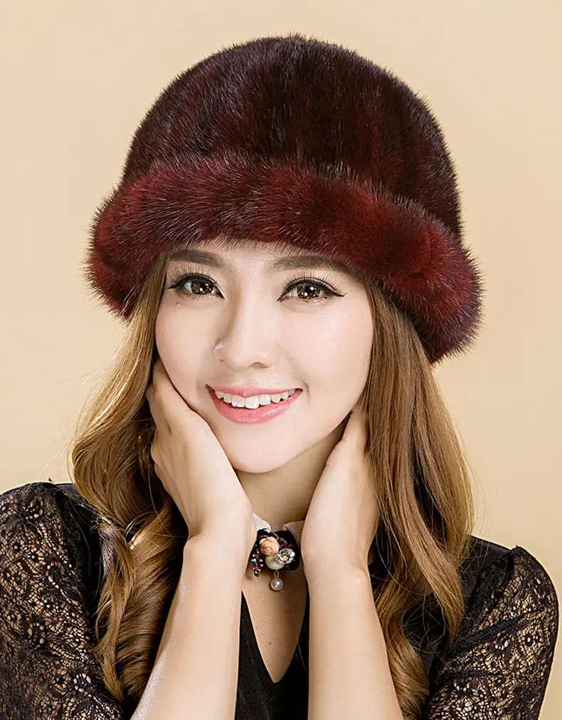 Two-Tone Full Skin Genuine Mink Fur Bucket Hat Women Luxury Cloche Hat