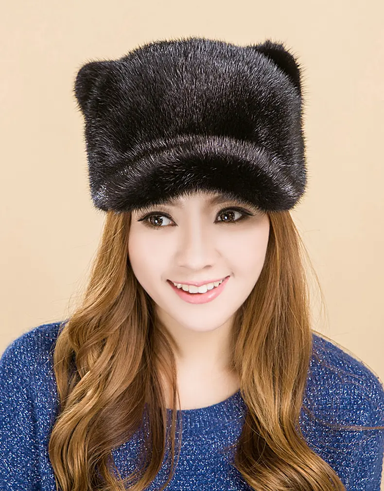 Women Black Full Skin Mink Fur Cat Ear Baseball Cap Fluffy Real Mink Hat