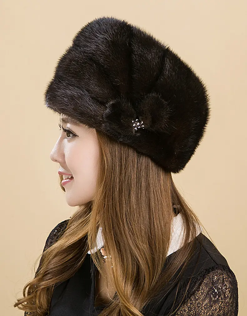 Genuine Whole Mink Fur Pleated Beret Hat Women Black Real Fur Cloche Cap