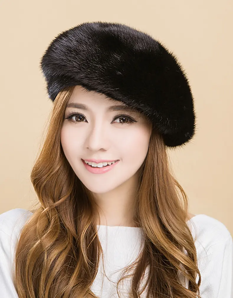 Genuine Whole Mink Fur Beret Hat Women Luxury Real Mink Fur Winter Beanie Cap