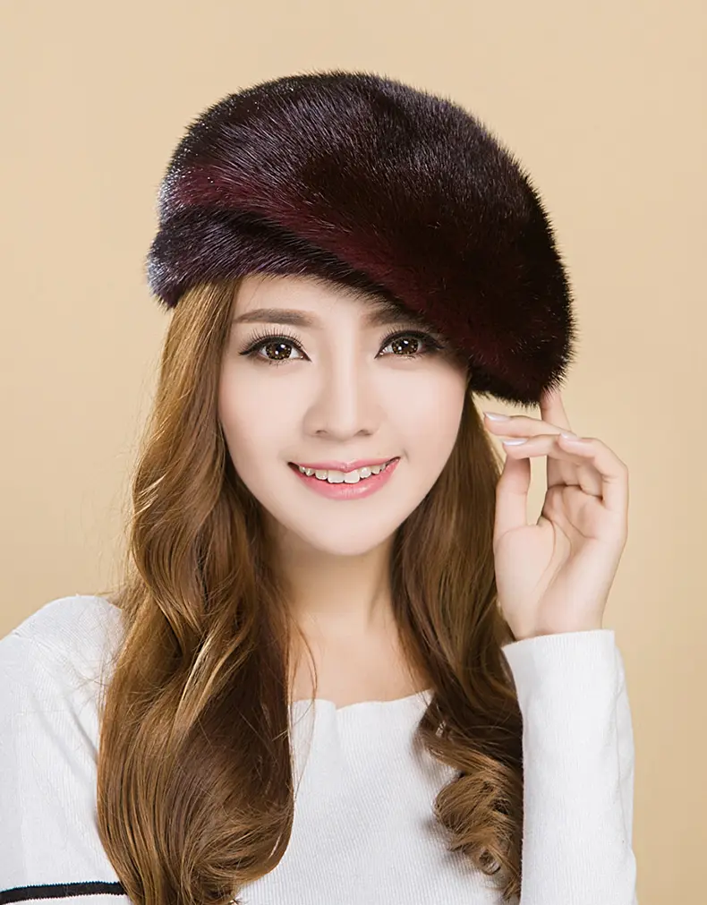 Whole Genuine Mink Fur Beret Hat Women Burgundy Luxury Winter Fur Cap