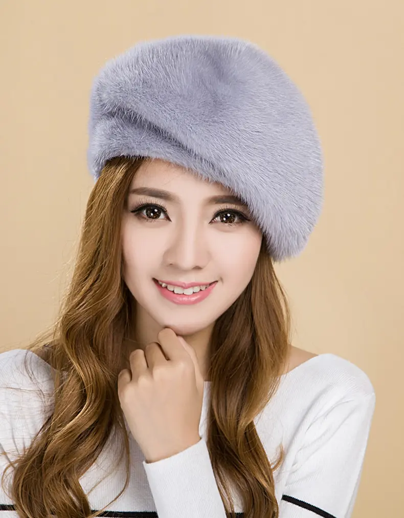 Light Gray Whole Mink Fur Beret Hat Women Luxury Real Mink Winter Cap