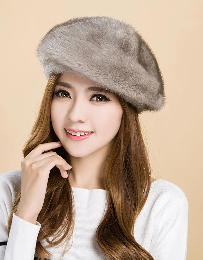 Gradient Grey Whole Mink Fur Beret Hat Women Luxury Real Mink Winter Cap