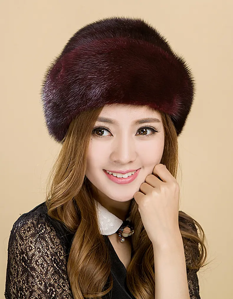 Whole Genuine Mink Fur Beret Hat Women Burgundy Luxury Winter Fur Cap