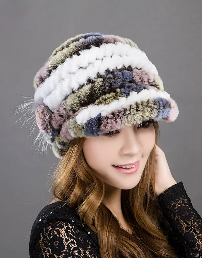 Women Real Rex Rabbit Fur Knit Newsboy Cap Multicolor Warm Winter Fur Hat