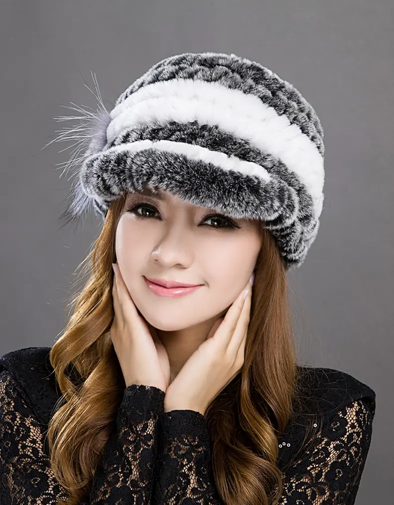 Women Black White Striped Rex Rabbit Fur Peaked Cap Winter Warm Fluffy Hat