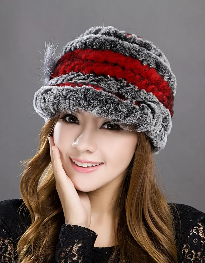 Women Red Grey Striped Rex Rabbit Fur Peaked Cap Winter Fluffy Warm Fur Hat