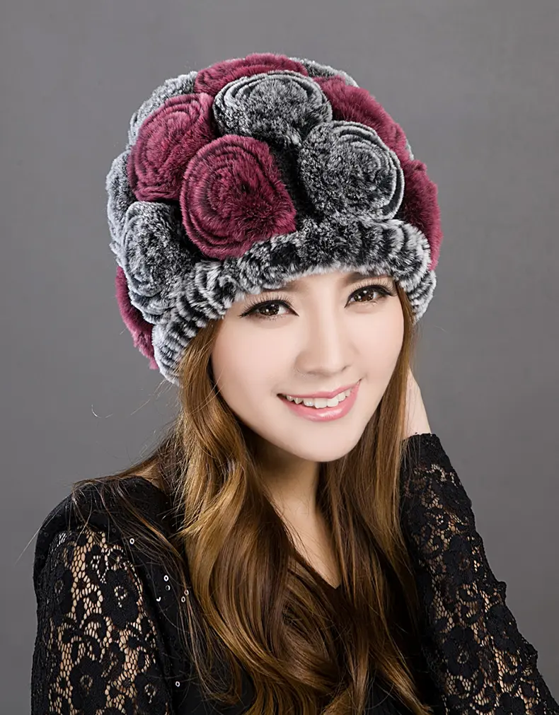 Hand Knit Rex Rabbit Fur Rose Floral Beret Hat Women Winter Warm Cap