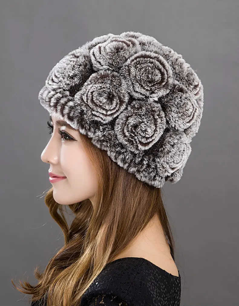 Hand Knitted Rex Rabbit Fur Rose Floral Beret Hat Women Winter Warm Cap
