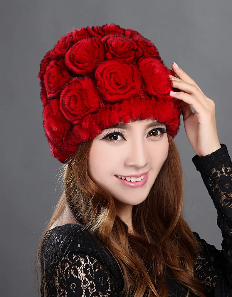 Hand Knit Rex Rabbit Fur Red Rose Floral Beret Hat Women Winter Cap
