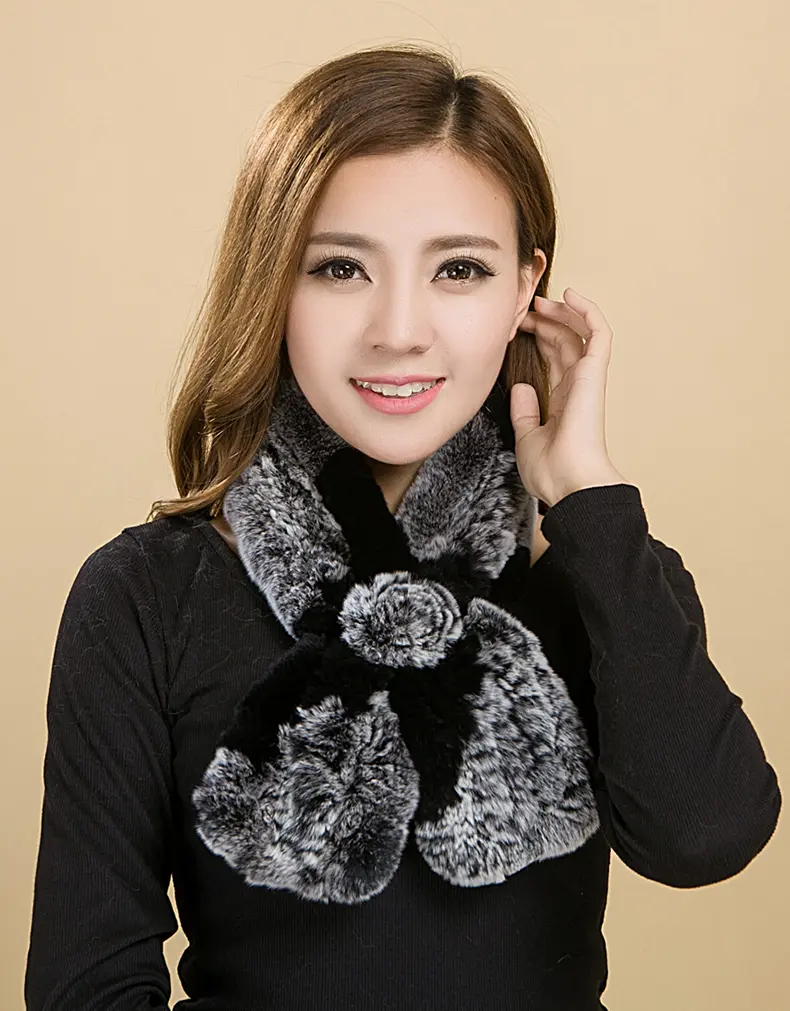 Hand Knitted Rex Rabbit Fur Scarf Floral Real Fur Neck Warmer for Women