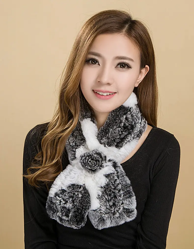 Hand Knitted Rex Rabbit Fur Floral Scarf Women Winter Warm Neck Wrap