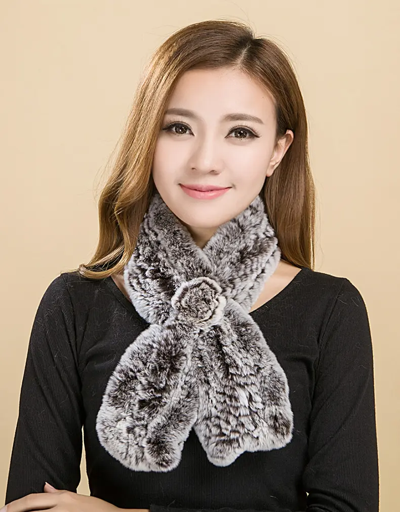 Hand Knitted Rex Rabbit Fur Floral Scarf Women Winter Neck Wrap