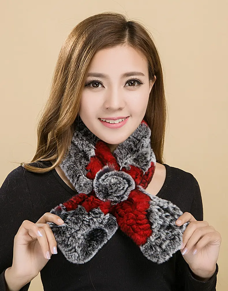 Hand Knitted Rex Rabbit Fur Floral Scarf Women Winter Neck Wrap