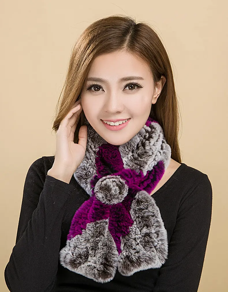 Hand Knitted Rex Rabbit Fur Floral Scarf Women Winter Neck Wrap