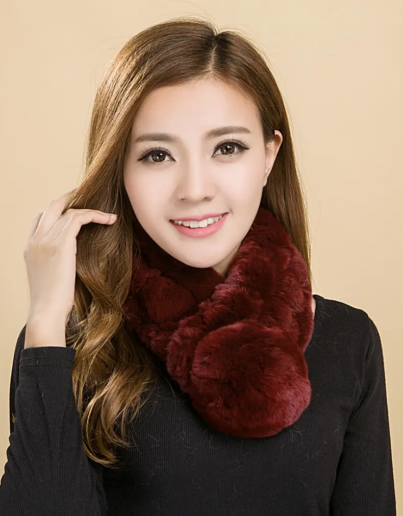 Wine Red Rex Rabbit Fur Pom Pom Scarf Women Winter Warm Plush Neck Warmer