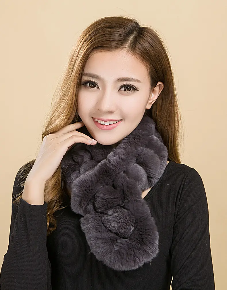Real Rex Rabbit Fur Multi Pom Pom Neck Warmer Women Winter Scarf