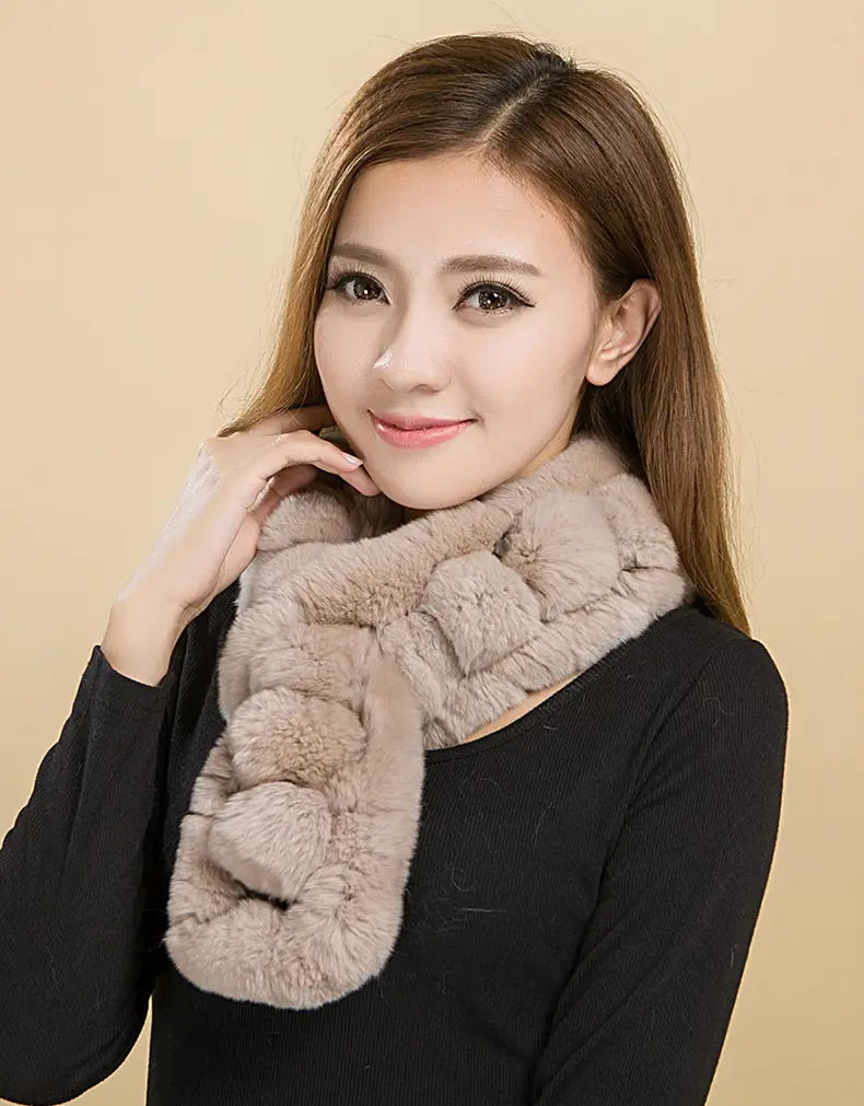 Real Rex Rabbit Fur Multi Pom Pom Neck Warmer Women Winter Scarf