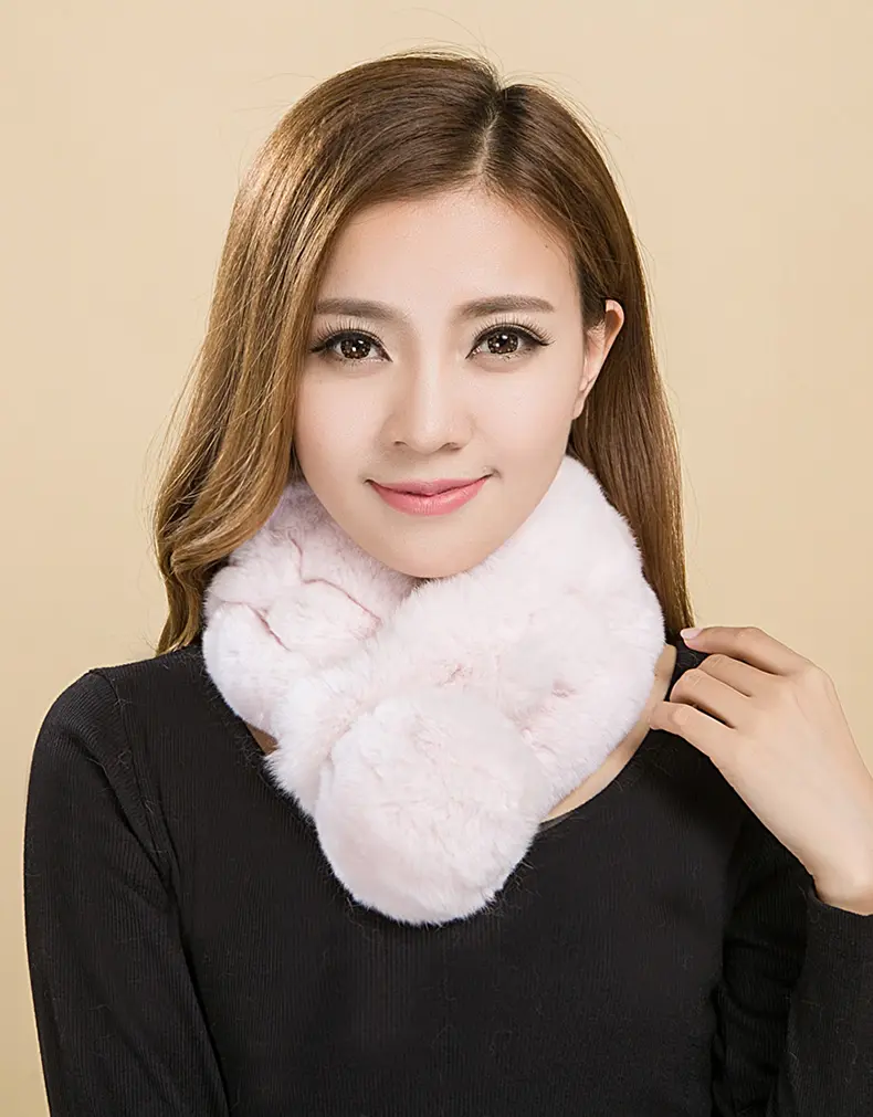Real Rex Rabbit Fur Pom Pom Scarf Women Winter Soft Neck Warmer
