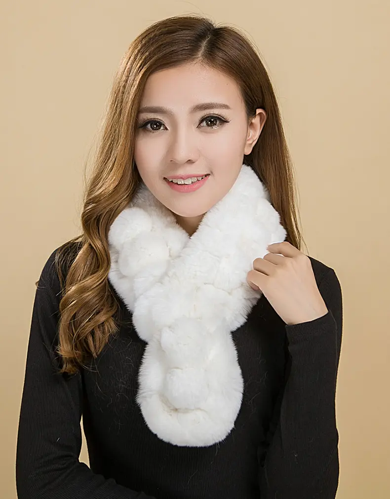 Mid-Length Real Rex Rabbit Fur Multi Pom Pom Scarf Women Winter Neck Warmer
