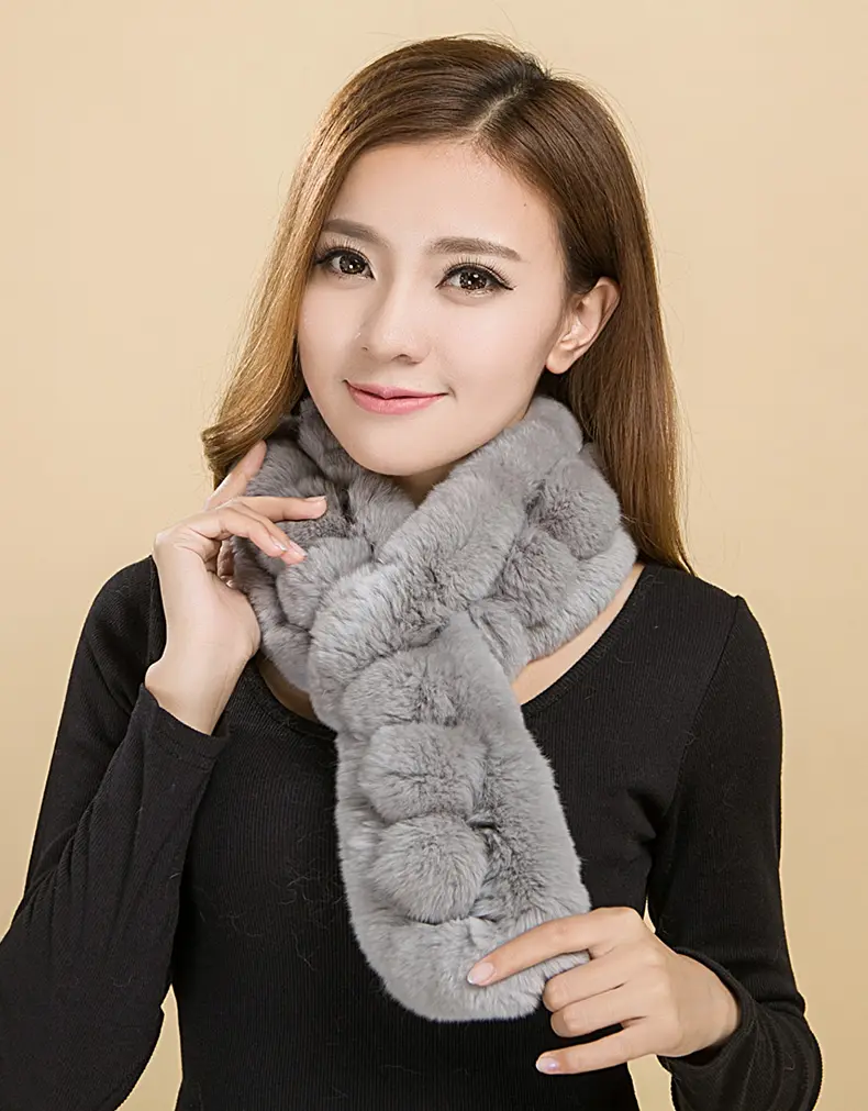 Real Rex Rabbit Fur Multi Pom Pom Neck Warmer Women Winter Scarf