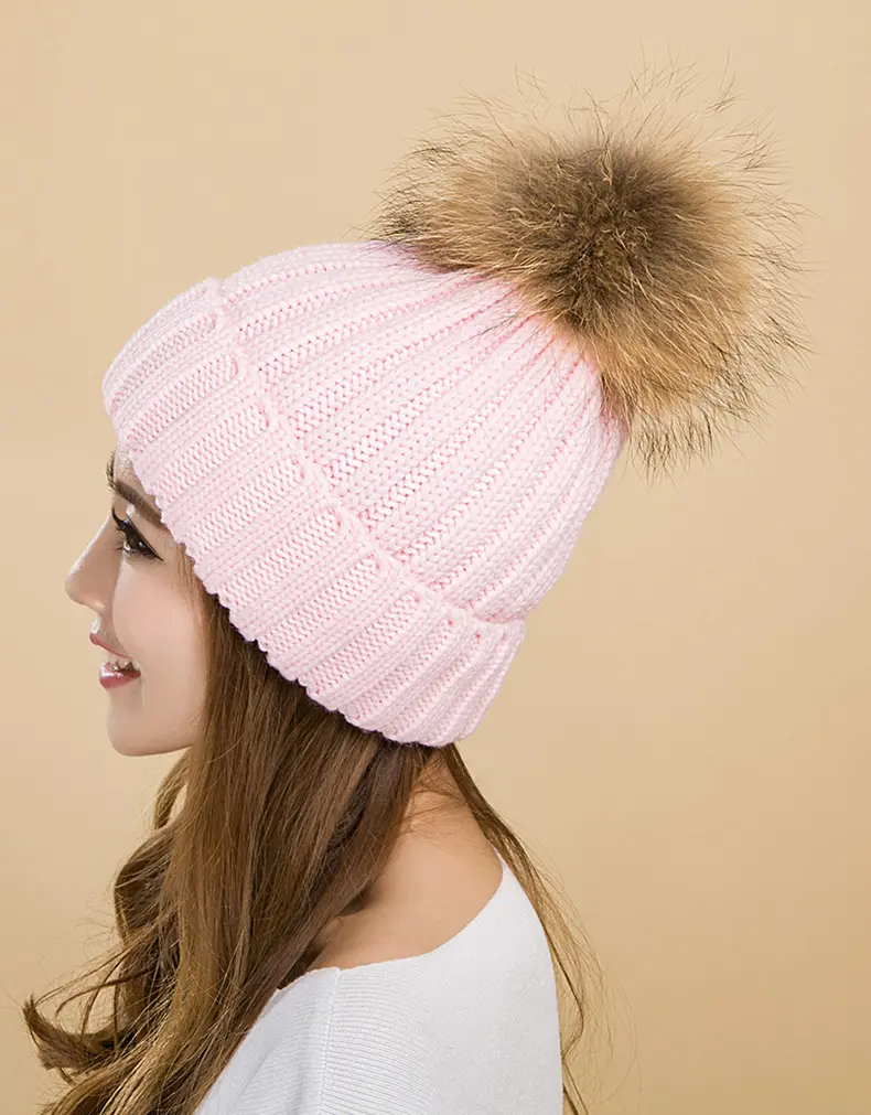Women Pastel Ribbed Knit Beanie Detachable Natural Raccoon Fur Pom Pom Winter Hat