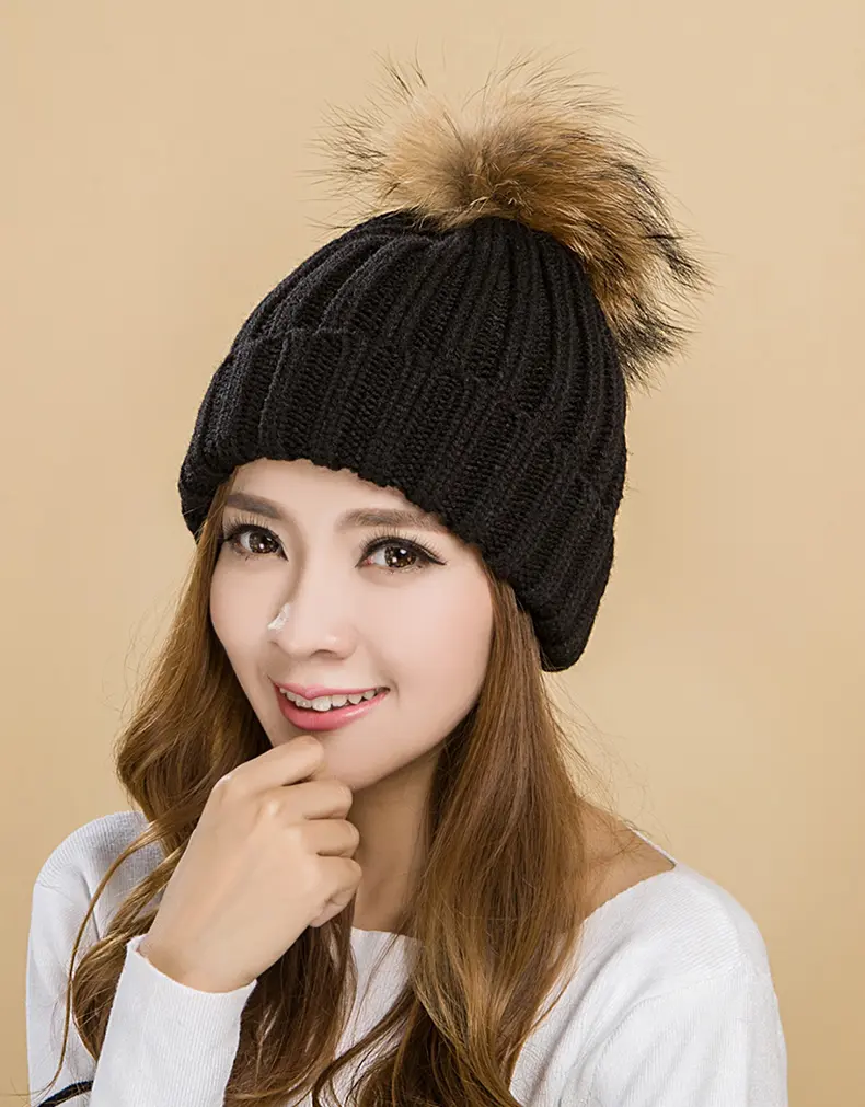 Women Black Ribbed Knit Beanie Detachable Natural Raccoon Fur Pom Pom Winter Hat