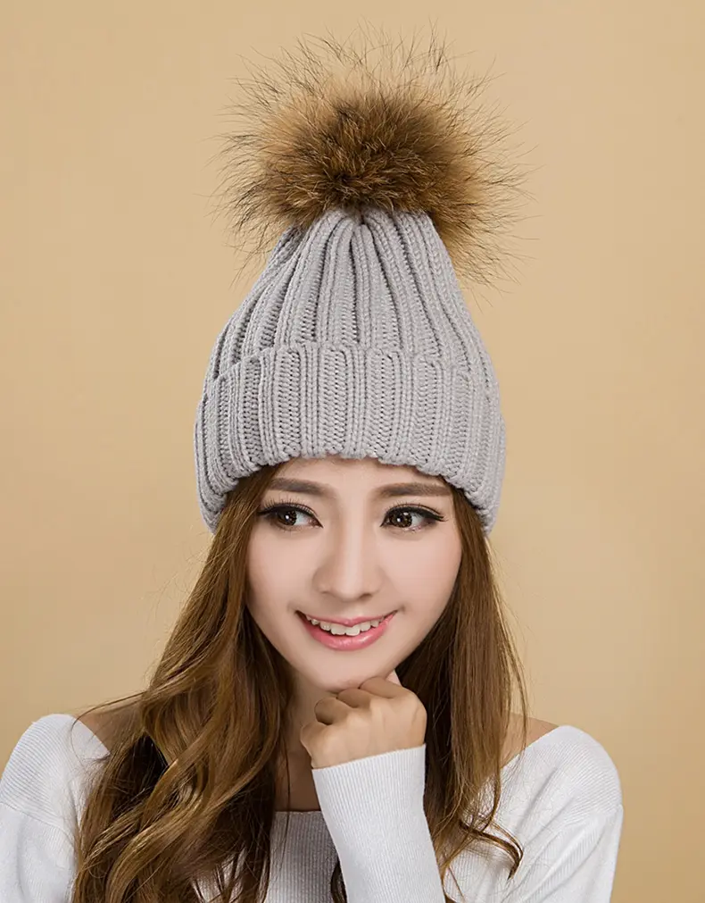Women Grey Ribbed Knit Beanie Detachable Natural Raccoon Fur Pom Pom Winter Hat