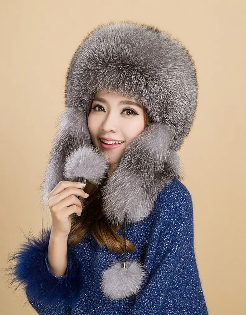 Women Grey Real Fox Fur Trapper Hat Warm Big Ear Flap Winter Hat