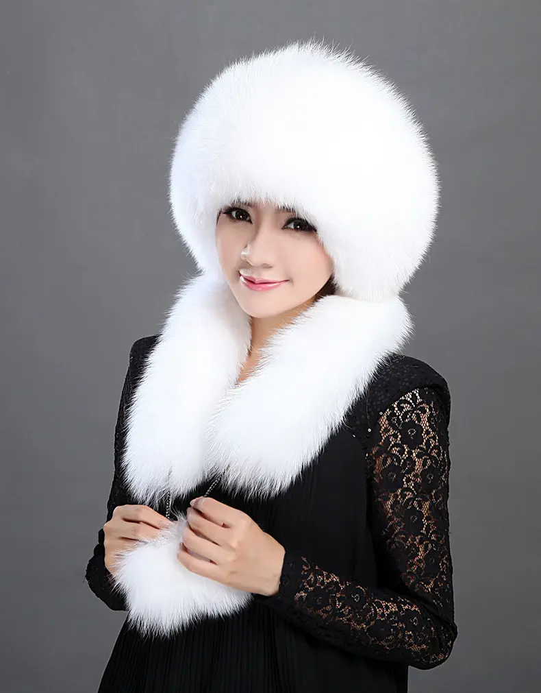 Women White Real Fox Fur Scarf Hat Rex Rabbit Fur Top Winter Warm Hat