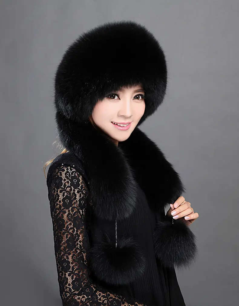 Women Black Real Fox Fur Scarf Hat Rex Rabbit Fur Top Winter Warm Hat