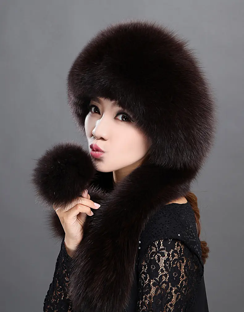Women Dark Brown Real Fox Fur Scarf Hat Rex Rabbit Fur Top Winter Warm Hat